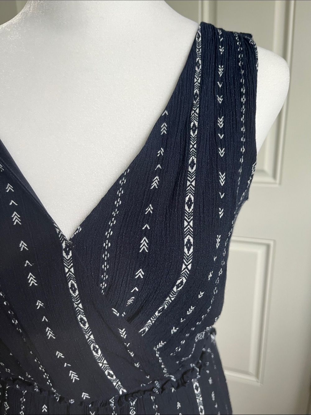 Navy Blue Boho Midi Wrap Dress | Sleeveless | Geometric Print